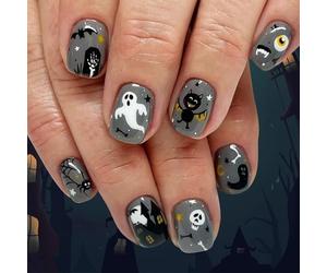 24 unghie nere glitterate a pressione per Halloween speciale con misteriose ali di pipistrello e modelli di casa gotico pipistrello stampa sulle unghie