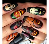 24 unghie riutilizzabili a pressione a tema Halloween con schemi di teschio ragnatela e comodi disegni per unghie in ABS per Halloween per le donne