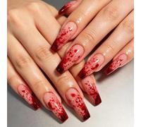 24 unghie rosse a goccia, a forma di bara, set gotico per nail art | Le punte in ABS a base nuda includono 12 misure, linguette di gelatina e mini file per un facile montaggio a feste in costume