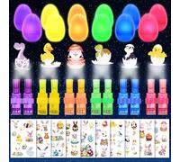24 uova di Pasqua preriempite con luci proiettabili per le dita e 10 fogli di tatuaggi luminosi, regali di Pasqua per bambini, decorazioni pasquali in plastica che si illuminano al buio, riempite di