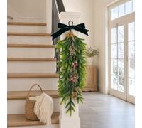 24in Christmas Pine Teardrop Swag With Velour Bow & Berries | Realistic Artificial Pine, Frosted Berries & Gold Glitter, per durable Reusable Plastic, per ideal For Doors, Walls, Mantels