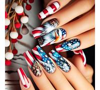 24pcs Arte Acrilica con Modelli Rosso Bianco Blu Manicure Artificiale per gli appassionati di cultura Impacchi Patriottici
