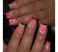 24pcs Autunno Inverno Begonia Rosso Francese Gradiente Motivo Floreale Riutilizzabile Unghie Finte Per Il Partito Quot