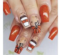 24Pcs Autunno Premere Su Unghie Corte Mandorla Stick On Nails Zucca Dorata Coperture Piene Artificiali Ringraziamento Ung