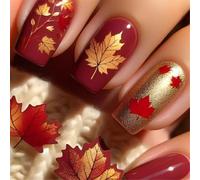 24Pcs Autunno Press on Nails Breve Piazza Stick on Nails Foglie d'Acero Coperture Piene Artificiali Ringraziamento Un