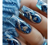 24pcs Bara Finte Unghie Oro Glitter Cuore Blu Quadrato Chiodi Artificiali Stampa Manicure Per Donne E Ragazze Unghie Punte