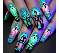 24Pcs Blu Halloween Unghie Finte ABS Web/Zucca Arte Bara Forma Comfort Fit Facile Da Indossare Per Le Donne Lungo Bara Halloween Chiodo Falso