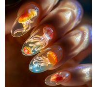 24Pcs Blue Ice Press On Nails A Forma di Mandorla Unghie Finte Con Finitura Trasparente Per Studenti E Professionali Multicolore Medusa Effetto Press On Nail