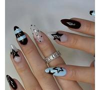 24pcs Blue Star Pattern Press On Nails Finitura Lucida Forma di Mandorla Riutilizzabile Unghie finte Vestibilità Confortevole Per Principianti Riutilizzabile Stella Pois Unghie finte