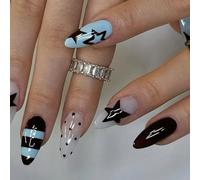 24pcs Blue Star Pattern Press On Nails Finitura Lucida Forma di Mandorla Riutilizzabile Unghie finte Vestibilità Confortevole Per Principianti Chiaro A Forma di Mandorla Copre