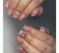 24Pcs Breve Francese Tip Press On Unghie Con Fiocchi E Fiore Disegno Quadrato Acrilico Stick On Per Le Donne Punta Francese