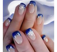 24Pcs Breve Piazza Natale Premere Su Unghie Blu Bianco Francese Punta Fiocco di Neve Falso Per Vacanza Art Manicure Natale Press On Nails