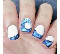 24Pcs Breve Piazza Premere Su Unghie Blu Bianco Tema Con Acqua Stick Su Coperture Piene Acrilico Per Le Donne French Tip Nail