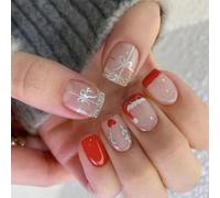 24Pcs Breve Piazza Stick On Nails Per Le Vacanze Premere Su Unghie Con Argento Scintillante Fiocchi Per La Decorazione di Natale Francese Tip Press Ons