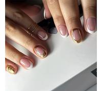 24Pcs Breve Rotondo Bianco Faux Unghie Francese Punta Stili Premere Su Unghie Con Strisce Dorate Disegni Per Le Donne Art Party Wedding Nail