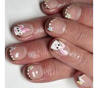 24pcs Breve Square Pressa Su Unghie Con Disegni Di Coniglio Incollare Su Unghie Acriliche Manicure Per Le Nozze Di Pasqua Donne Nail Art