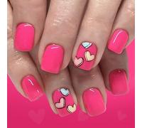 24Pcs Creative Doodles Art Press su Unghie Cuore Quattro Punto Stella Modello Rosa Lucido Breve Quadrato Look Alla Moda Cuore Stella Unghie