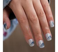 24pcs Donne Breve Piazza Press On Unghie In Stile Francese Lucido Unghie Artificiali Con Gradienti Paesaggio Pittura