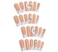 24pcs Elegante Su Unghie Con Strass E Fiore Accenti Lunghe Unghie Artificiali