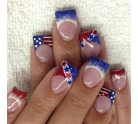 24pcs Festive Finte Unghie Raccolta Breve Consigli Francesi Con Independence Day Strisce Ispirate E Stella Manicure Decorazione Patriottico Unghie False