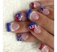 24pcs Festivo Unghie Finte Set Brevi Punte Francesi Con Strisce Ispirate Giorno dell'Indipendenza E Stella Manicure Decorazione Patriottica Unghie