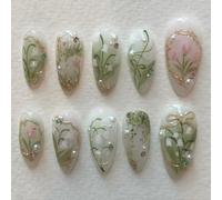 24Pcs Fiore Mandorla Unghie Finte Acrilico Premere Su Unghie Con Strass Perle Stick On Per La Primavera Manicure