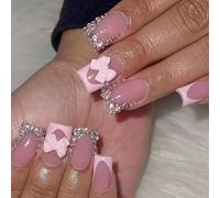24PCS Francese Glitter Breve Unghie Finte Con Fiocchi Design ABS Unghie Finte Facile Da Applicare Per Le Donne Partito Comodo Usura Francese Glitter Premere Sul Chiodo