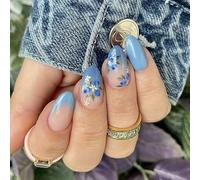 24Pcs French Tip Blue Flower Press On Nails Breve Forma di Mandorla Stick On Unghie Manicure Unghie Decorazione Per Le Donne