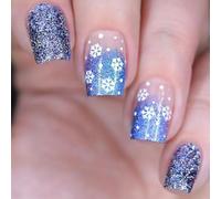 24pcs French Tip Breve Square Press On Nails Blu Glitter Fiocco di Neve Disegni Stick On Unghie Per Natale e Capodanno