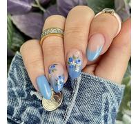 24Pcs French Tip Press On Nails Blu Acrilico Corto Mandorla Falso Manicure di Modo Stick On Per Primavera Blu Gradiente Acrilico Nail