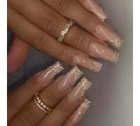 24PCs Glitter Premendo Su Unghie Piazza Francese Falso Barra Acrilica Su Copertine Pieno Manicure Artificiale Chiodo Acrilico Quadrato Lungo