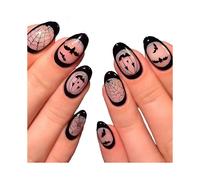 24pcs Glossy Short Oval Fake Nails, Black Press On Nails with Clear Pumpkin Spider Web And Dark Bat Design, Full Cover False Nails for Women Girls