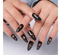24pcs Gothic Punk Black Mandorle Stampe sulle unghie con luna stellata, unghie finte per donne manicure arte