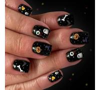 24Pcs Halloween Faux Nails Dark Gothic Press On Pumpkin Design ABS Facile Da Applicare Unghie Arte Nero Scintillante Halloween Nail
