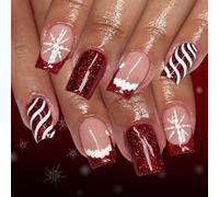 24Pcs Halloween Press On Nails Edgy Glitters Francese Tip Stripes Design Party Unghie finte Facile da applicare Materiali ABS Fiocco di neve Nail Art