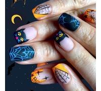 24pcs Halloween unghie artificiali gotico nero gattino arte con finitura scintillante non richiesto adesivo disegni unghie Halloween per le donne