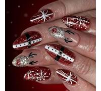 24PCS Holiday Press On Nails Red Santa Glitters fiocchi di neve renna modello durevole ABS unghie finte per le vacanze di Natale unghie finte