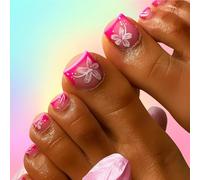 24PCS Hot Pink Flower Pattern Press on Toenails Glossy Square False Toe Nail Tips Stick on Floral DesignFalse Pedicure per le donne Summer Beach Party