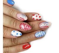 24pcs Independence Day Press Su Unghie Consigli Francesi Design Patriottico Unghie Finte Bastone Acrilico Setico Unghie Finte