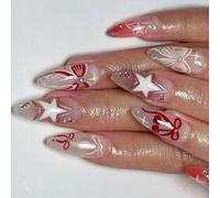 24pcs Independence Day Themeed Press Su Unghie Mandorla Mandorla Con Nails Full Manicure Decorazione Per Gli appassionati di Moda Dolce Chiodo Acrilico Lucido