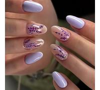 24Pcs Inverno Punta Francese Unghie Finte Breve Lucido Lavanda Ovale Design Facile Applicazione Autunno Inverno