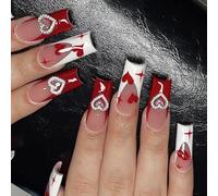 24pcs Lungo bara Unghie Finte In Love Heart French Styles Press On Nailwith 3D Nails Charm Regali di San Valentino Per Le Donne