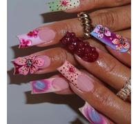 24pcs Lungo Piazza Premere Su Unghie Fiore Stick Su Punta Francese Pieno Copre Acrilico Falso Facile Applicazione Partito Pronto Nail