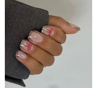 24pcs Mandmond Chiodi finti Stampa Artificiale Falso Colle Su Bowknot Disegni Suggerimenti Francesi Design False Unghie