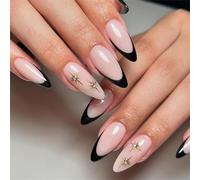 24pcs Mandorla Francese Punta Unghie Artificiali Con Stella Disegni Elegante Stampa Su Manicure Decorazione Per Le Donne Francese Tip Press On Nail