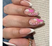 24Pcs Mandorla Premere Su Unghie Fiore Francese Unghie Finte Acriliche Colle Artificiali Su Per Le Donne Bastone