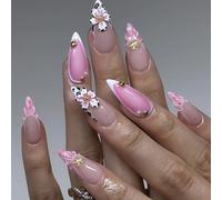 24Pcs Mandorla Press On Nails Fiore Francese Unghie Finte Acriliche Unghie Artificiali Colle Su Unghie Per