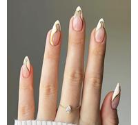 24pcs Mandorla Press On Nails Unghie finte lucide Unghie Acriliche Con Bianco E Oro Francese Punta Disegni Per Vacanza