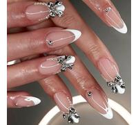 24Pcs Mandorla Press On Unghie French Tip Pattern Con Archi In Metallo Disegni Unghie Decorazione Per Feste Evento