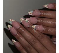 24Pcs Mandorla Unghie Finte Premere Con Glitter Punte Francesi E Strass Acrilico Partito Pronto Per Le Donne Unghie Fint